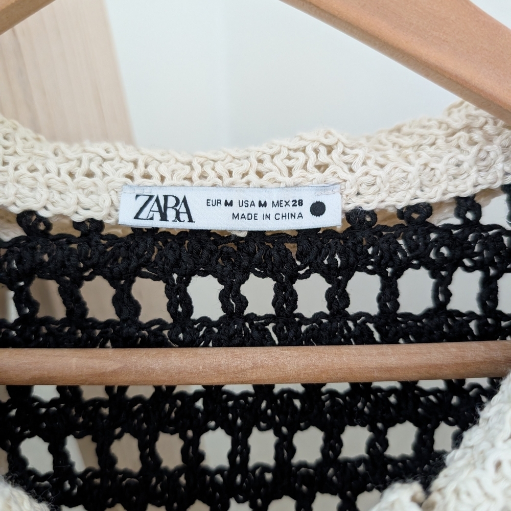 Zara Crochet Open Knit Striped Collared Henley Top In Black/Ivory - Picture 11 of 11